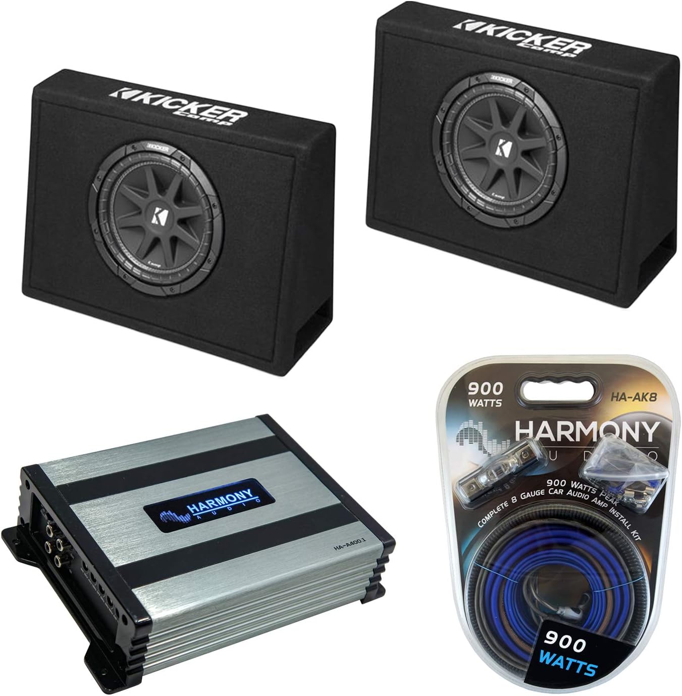 Harmony Audio Kicker Bundle Compatible with Universal Truck (2) 43CT104 Car Audio Single 10" Loaded Sub Box Enclosure with Harmony HA-A400.1 Amplifier and Amp Wiring Kit