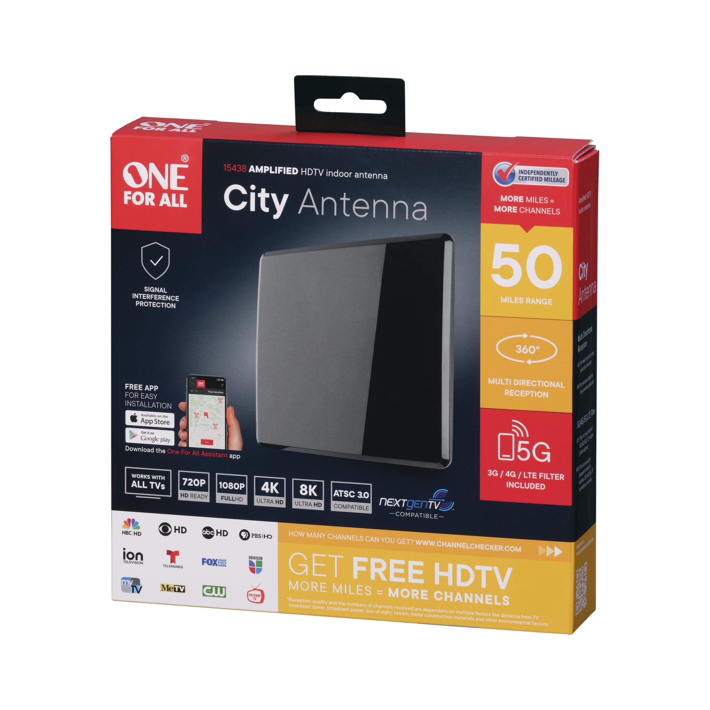 One for All A715438A07-00001 Antenne HDTV 1080p Antenne TV plate d'intérieur amplifiée avec plusieurs directions, portée de 80 km et indicateur de niveau de signal, câble coaxial de 1,52 m - Noir
