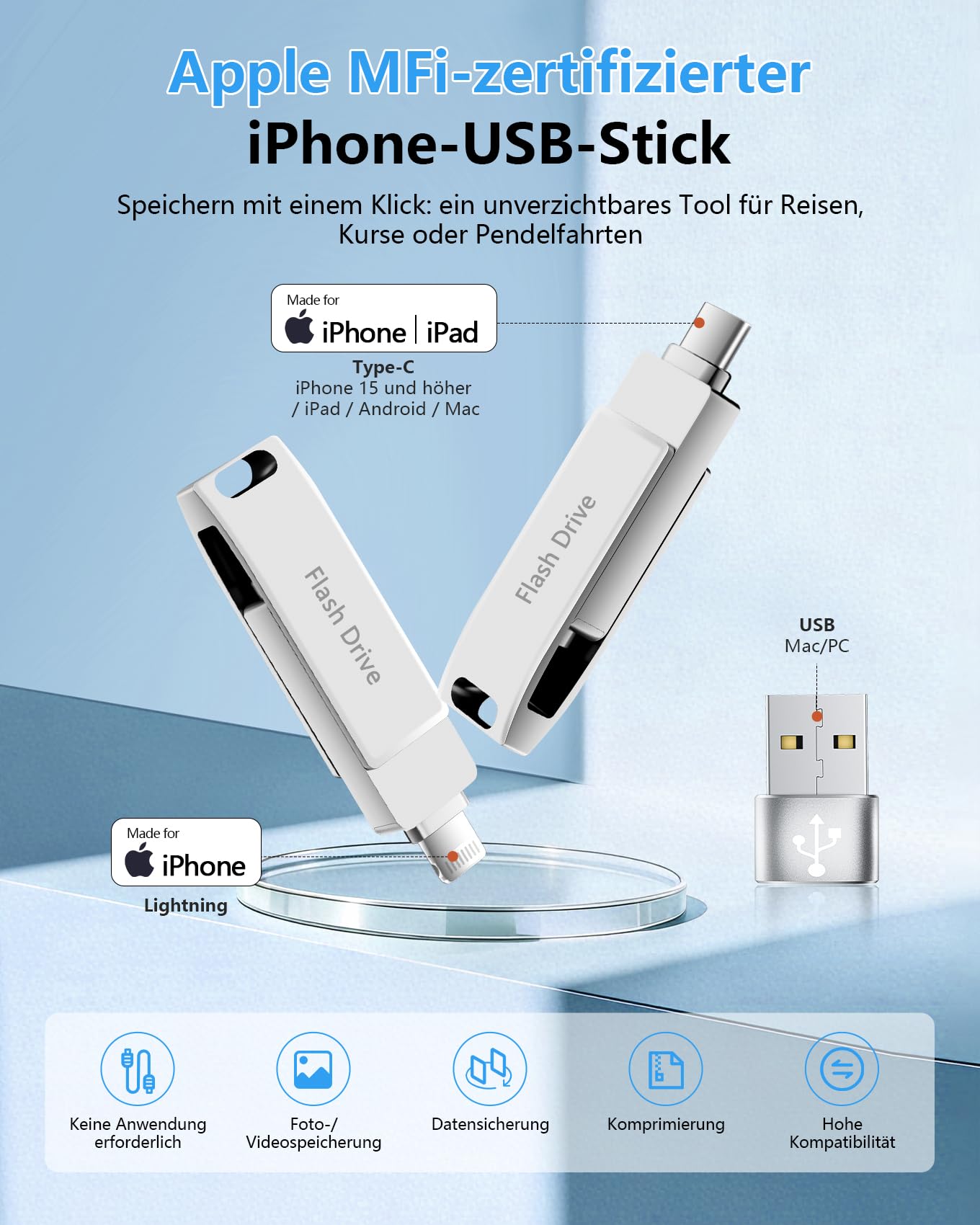 [Ohne App] USB Stick 512GB für iPhone MFi-zertifizierter, Lncnnk 3 in 1 Flash-Laufwerk, Lightning USB 3.0 Speicherstick Fotostick, USB C Stick für iPhone/iPad/OTG Android Handy/Mac/PC,Schwarz - 3