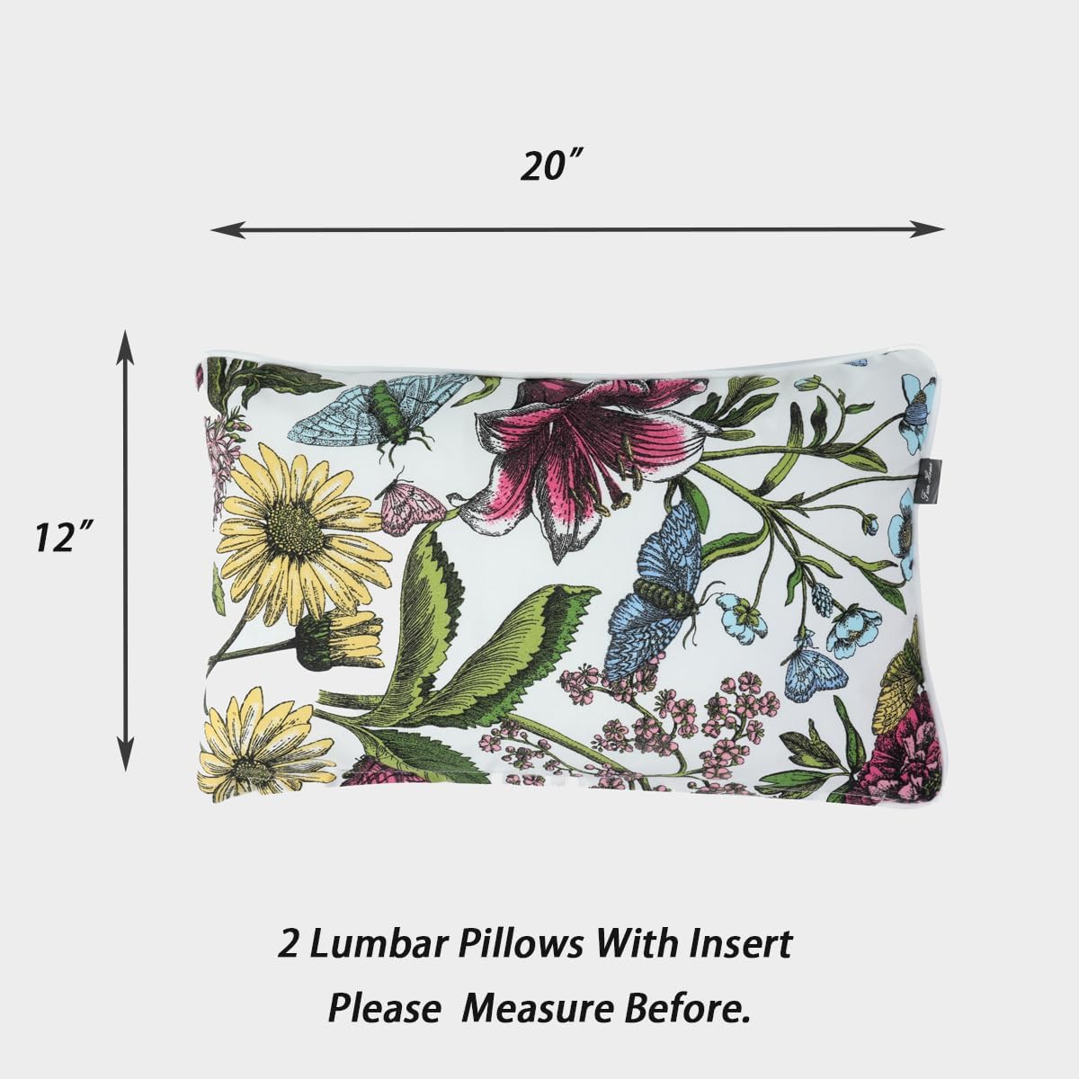 Water Resistant Outdoor Lumbar Pillows for Patio Furniture,12x20 Inch Decorative Pillows Set of 2 with Insert,Hidden Zipper Headrests for Sofa Couch Chair(Butterfly Flower)