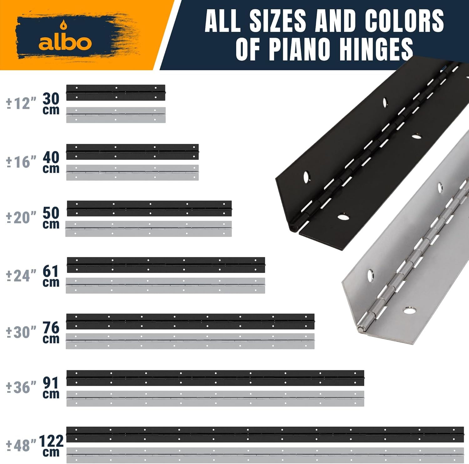 ALBO 24 Inch Silver Heavy Duty Piano Hinge Continuous Stainless Steel 304 (2-Pack), Surface Mount Cabinet Hinges Silver 24"x2" for Server Rack, Display Case, Workshop Bench & Storage, Commercial