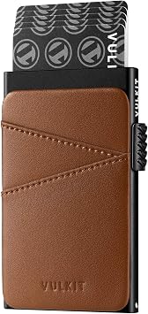 VULKIT Metal Pop up Wallet for Men Women Slim Credit Card Holder with Extra Leather Slots RFID Blocking Minimalist WalletsBrown