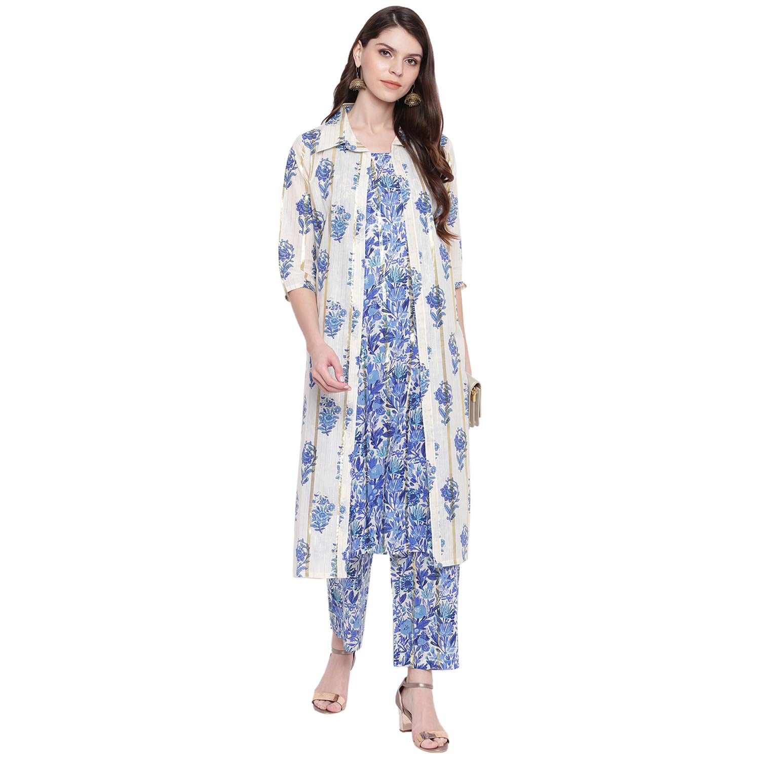 Women's Cotton Floral Printed Jacket Kurta with Palazzo Pant Set(White-Blue)