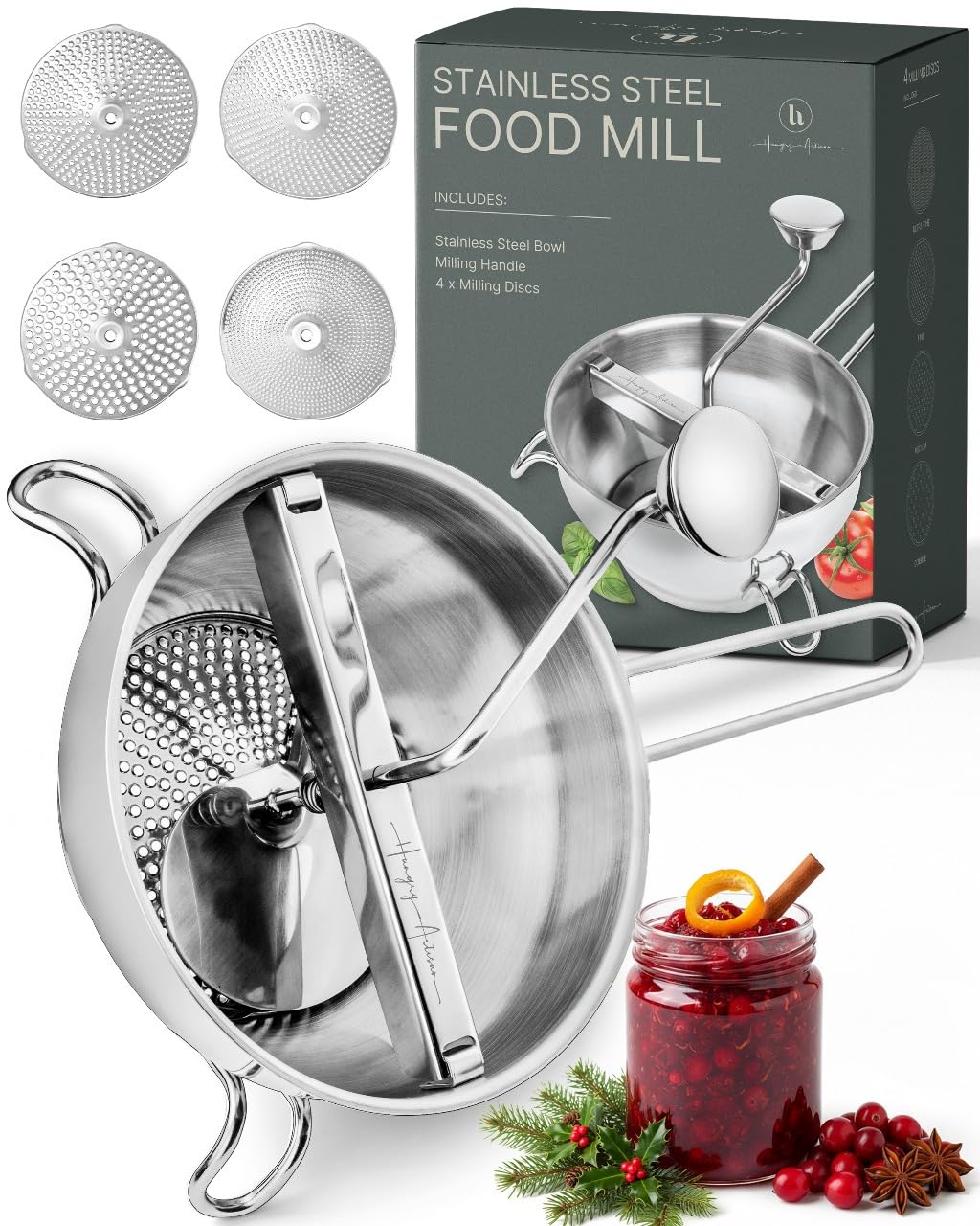 Upgraded Stainless Steel Rotary Food Mill with 4 Discs for Versatile Pureeing