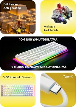 Gameagle%60 Mekanik Gaming Klavye, Tam Anti-Ghosting, 50 Milyon Tuş Ömrü, 11 Farklı RGB Efekt, 64 Tuşlu Oyuncu Klavyesi, ABS gövde, Türkçe Q Klavye, Win Tuş Kilidi, Beyaz Kırmızı Switch Klavye KB-27