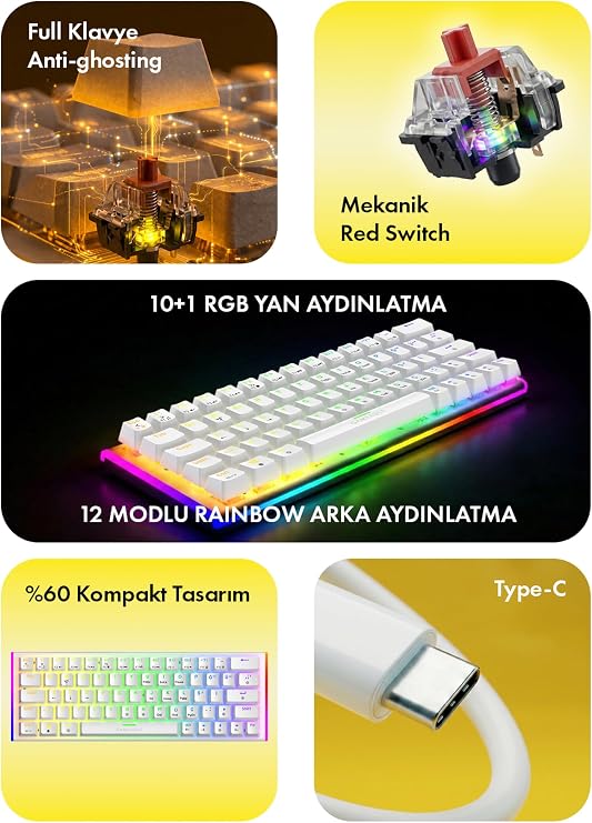 Gameagle%60 Mekanik Gaming Klavye, Tam Anti-Ghosting, 50 Milyon Tuş Ömrü, 11 Farklı RGB Efekt, 64 Tuşlu Oyuncu Klavyesi, ABS gövde, Türkçe Q Klavye, Win Tuş Kilidi, Beyaz Kırmızı Switch Klavye KB-27