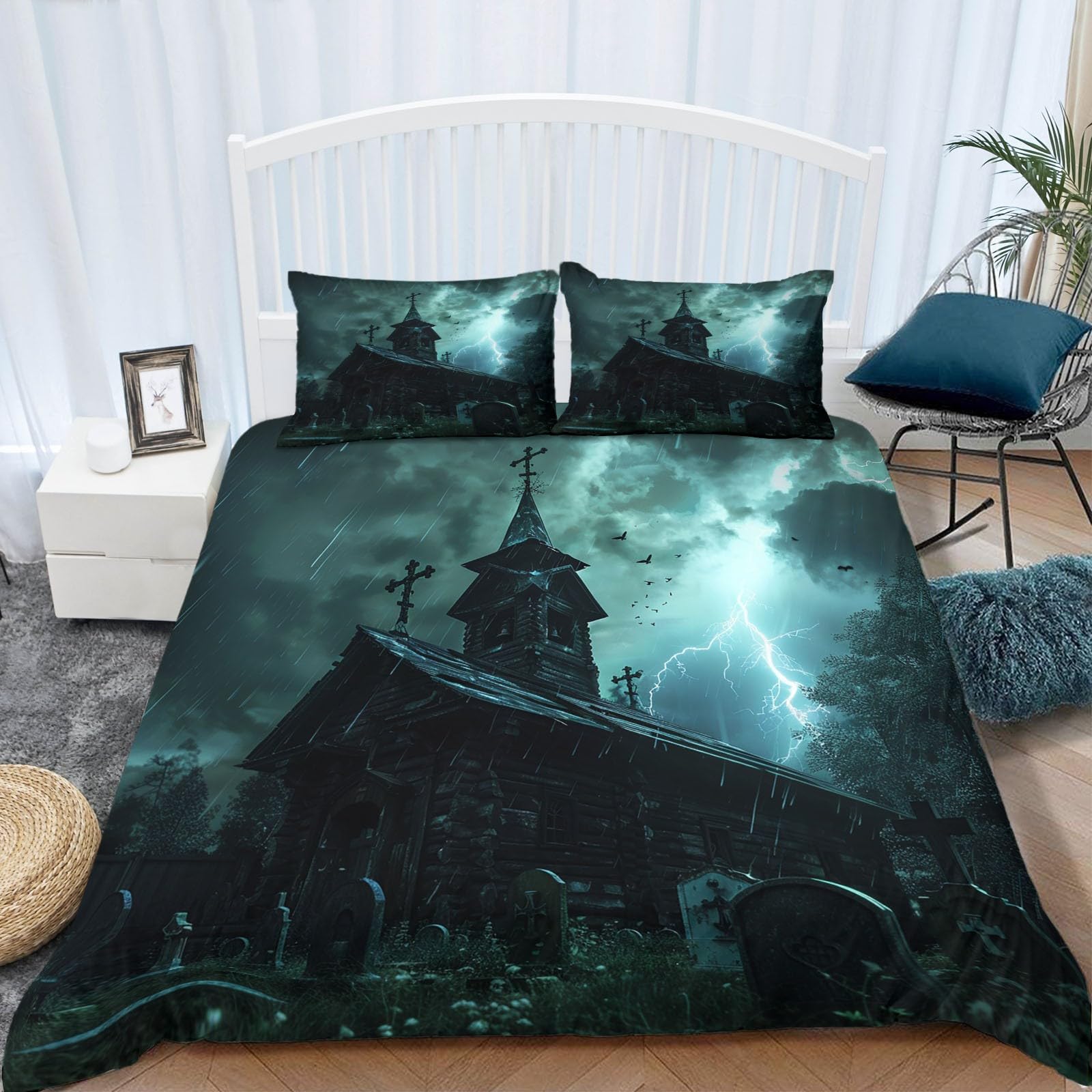 Generisch Zestaw pościeli z motywem zamku na Halloween, motyw zamka, nagrobka, 155 x 220 cm, poszewka na kołdrę, 2 poszewki na poduszkę, lekka i oddychająca, bardzo miękka poszwa na kołdrę, idealna