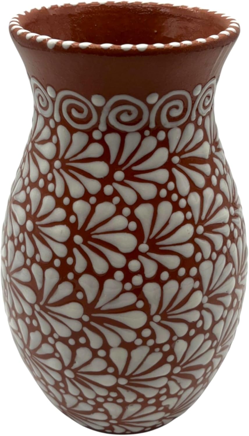 Handcrafted Brown & White Talavera Vase - Mexican Pottery with Floral Reliefs, 9.5" Tall Unique Decor Piece