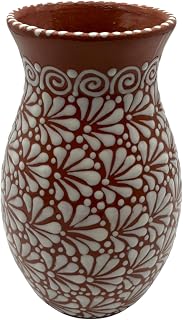 Handcrafted Brown & White Talavera Vase - Mexican Pottery with Floral Reliefs, 9.5" Tall Unique Decor Piece