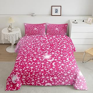 Moon Star Glitter (No Glitter No Sequin) Bedding Set Ombre Pink White Comforter Set Pastel Comforter for Boys Girls Teens Decor Stylish Duvet Set Quilt 3Pcs Full Size Boys
