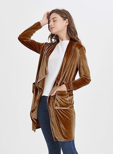 Vista 2 de futurino Women's Solid Long Sleeve Velvet Jacket Open Front Cardigan Coat with Pockets Outerwear