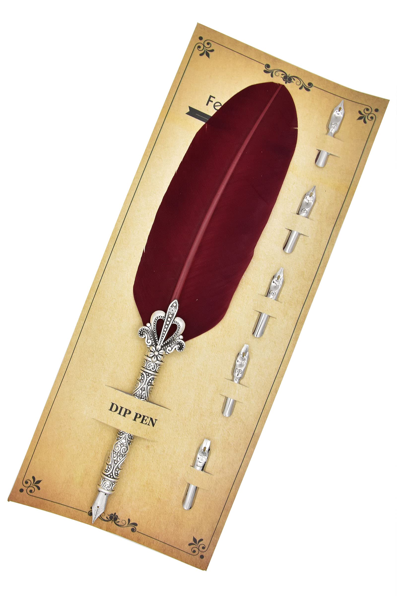 Gullor Calligraphy Feather Quill Pen and 5 Calligraphy Nibs for Beginners Kids Calligraphy Writing Quill Dip Pen Set, WineRed