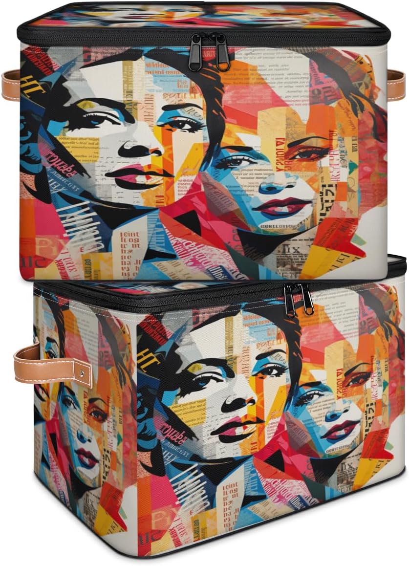 Storage Bin Set of 2 Colorful Modern Women Storage Basket with Zipper Lid & Handle Foldable Closet Shelf 2 Pack Cloth Organizer Basket Cube Bins Clothes Organizer for Bedroom, Nursery