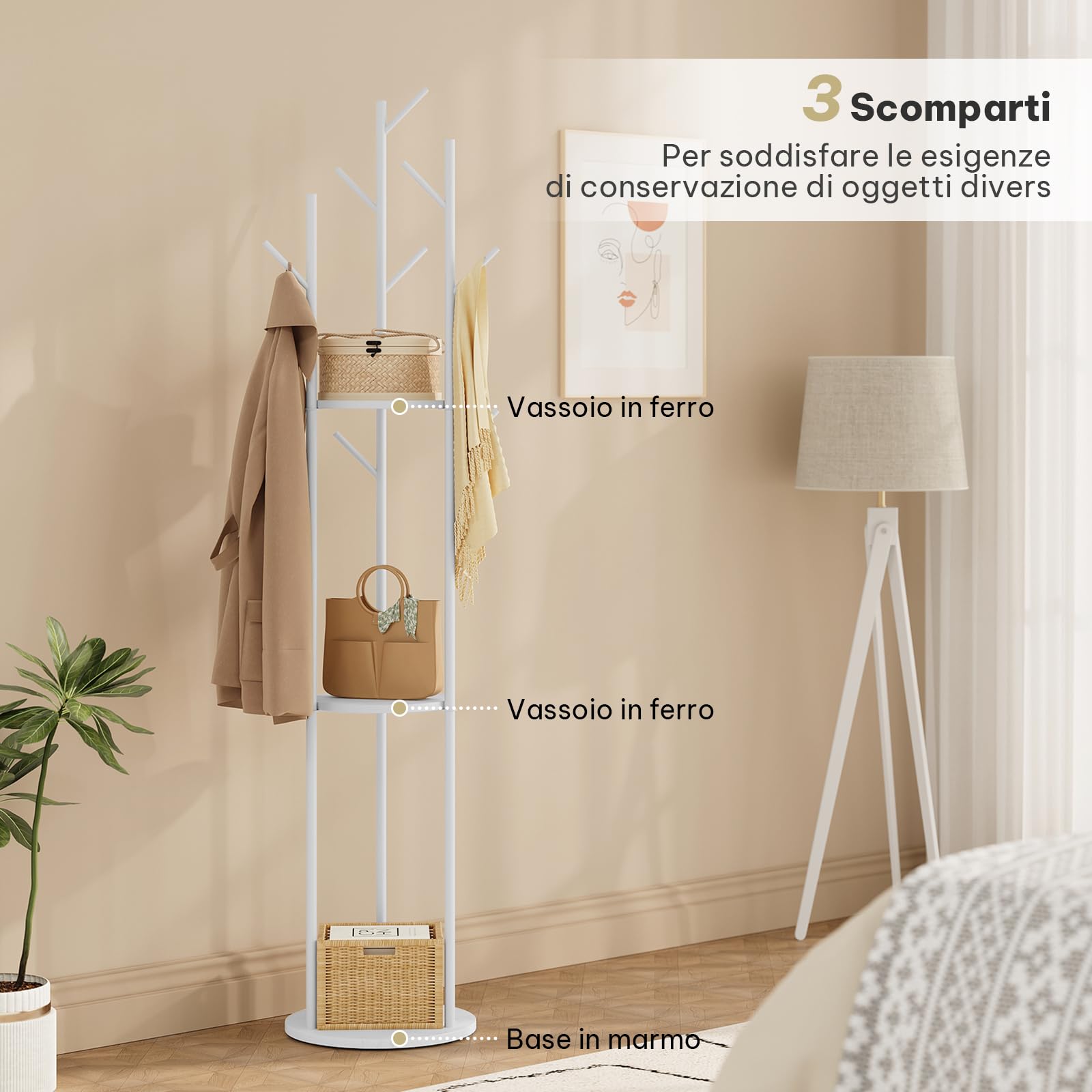 eSituro Appendiabiti, Porta Abiti da Terra a Forma di Albero, con 9 Ganci e 3 Ripiani, Appendiabiti in Metallo con Base in Marmo per Corridoio/Camera da Letto/Ufficio, Bianco