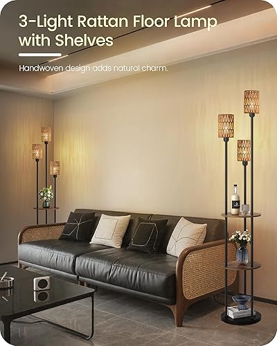 Miniatura 5 de Lámpara de pie con estantes, lámpara de pie bohemia con interruptor de pie, lámpara de pie de 3 luces, para sala de estar, dormitorio, estudio,