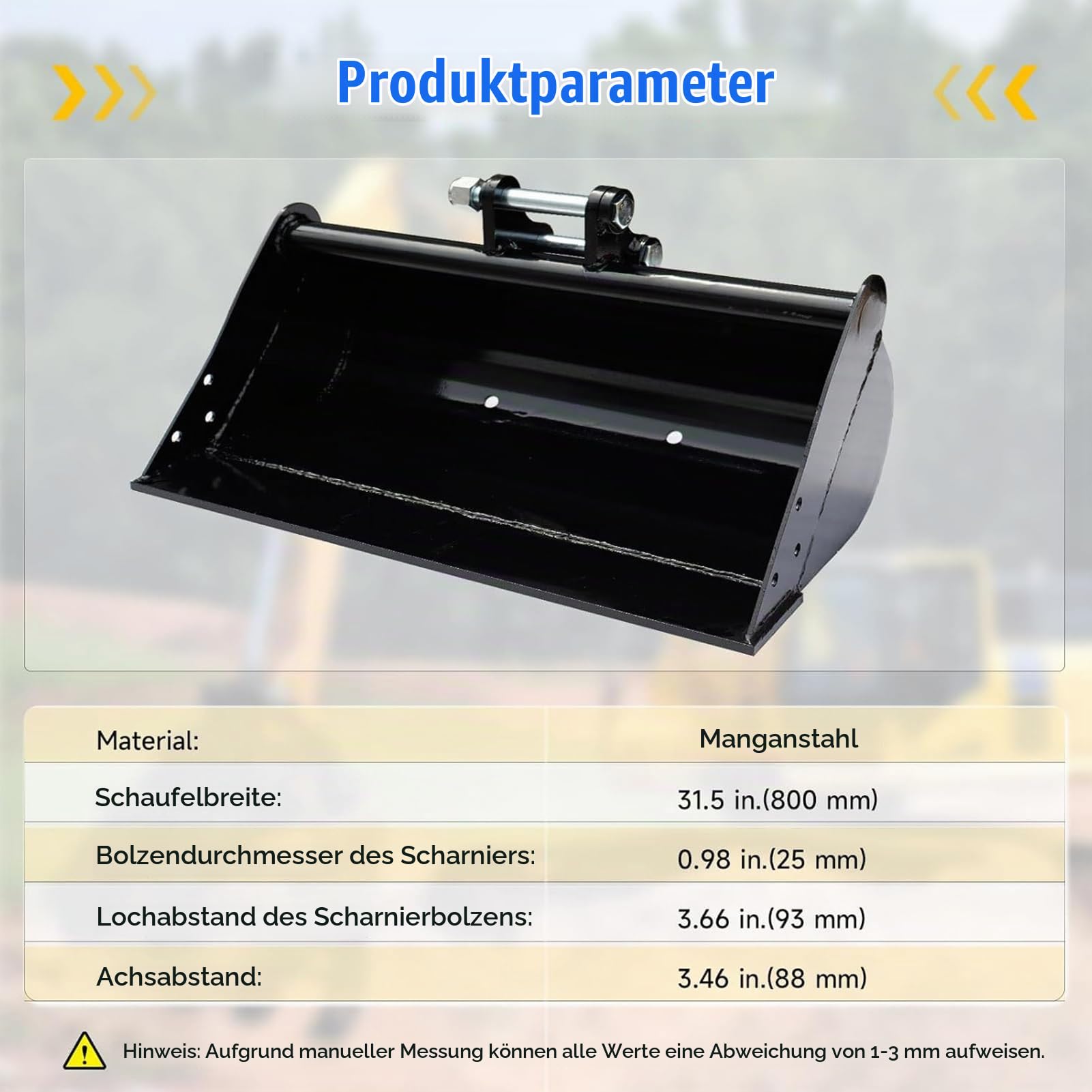 Grabenräumlöffel 80 cm für Minibagger 0,8–1,8 t, zahnlos | Bolzenlänge 120 mm, Lochabstand 90 mm, Aufnahmebreite 90 mm, Bohrung Ø25 mm, Manganstahl, Versand aus DE-Lager