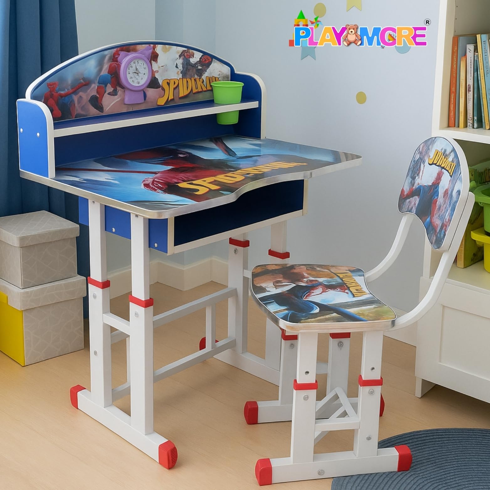 PLAYMORE Kids School Study Table & Chair Set | Adjustable Height Study Desk with Storage, Wooden Top & Metal Frame, Functional ` Desk and Table Set Furniture for Boys Girls 4-12 Years (Blue) 2