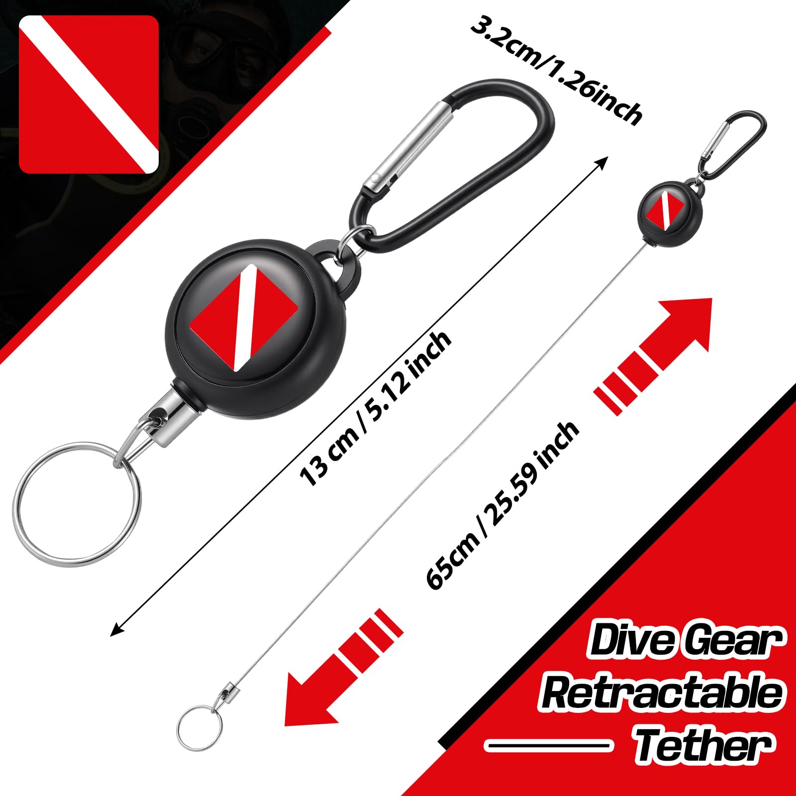 Liliaafar 12 clips retráctiles para equipo de buceo, llavero de acero inoxidable resistente con cable de extensión de liberación rápida de 61 cm para medidores de buceo, pesca submarina, linternas de