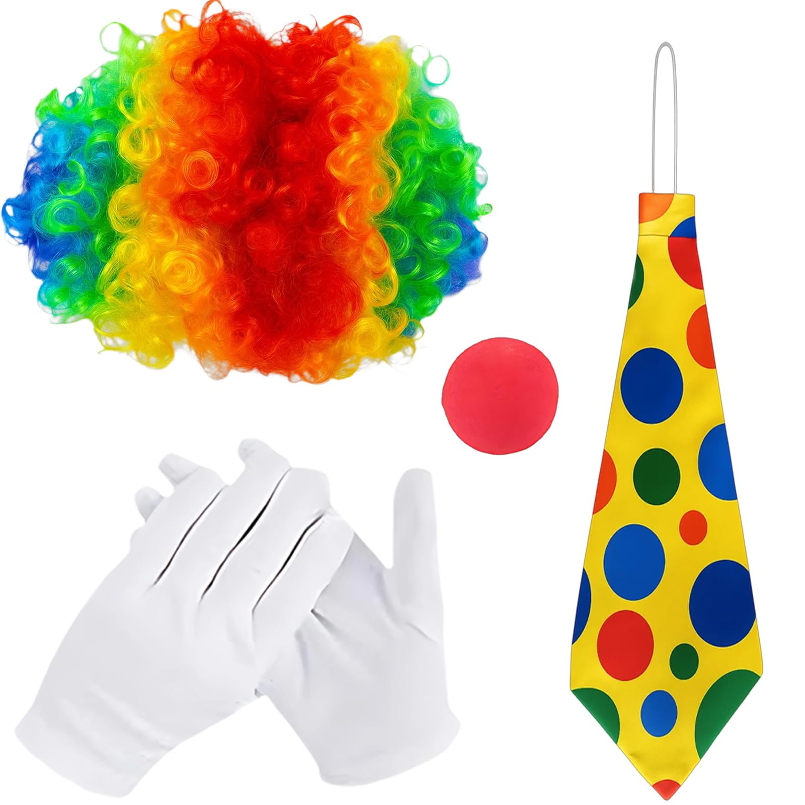 4Pcs Clown Set, Clown Costume with Wig, Nose, Gloves and Necktie, Perfect for Halloween Parties, Role Play, Carnival Celebrations, and Circus Performances
