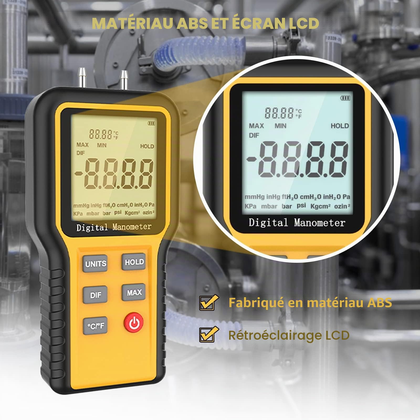 Manomètre numérique professionnel, manomètre HVAC manuel 12 unités sélectionnables, testeur de gaz à double port avec rétroéclairage (batterie incluse)