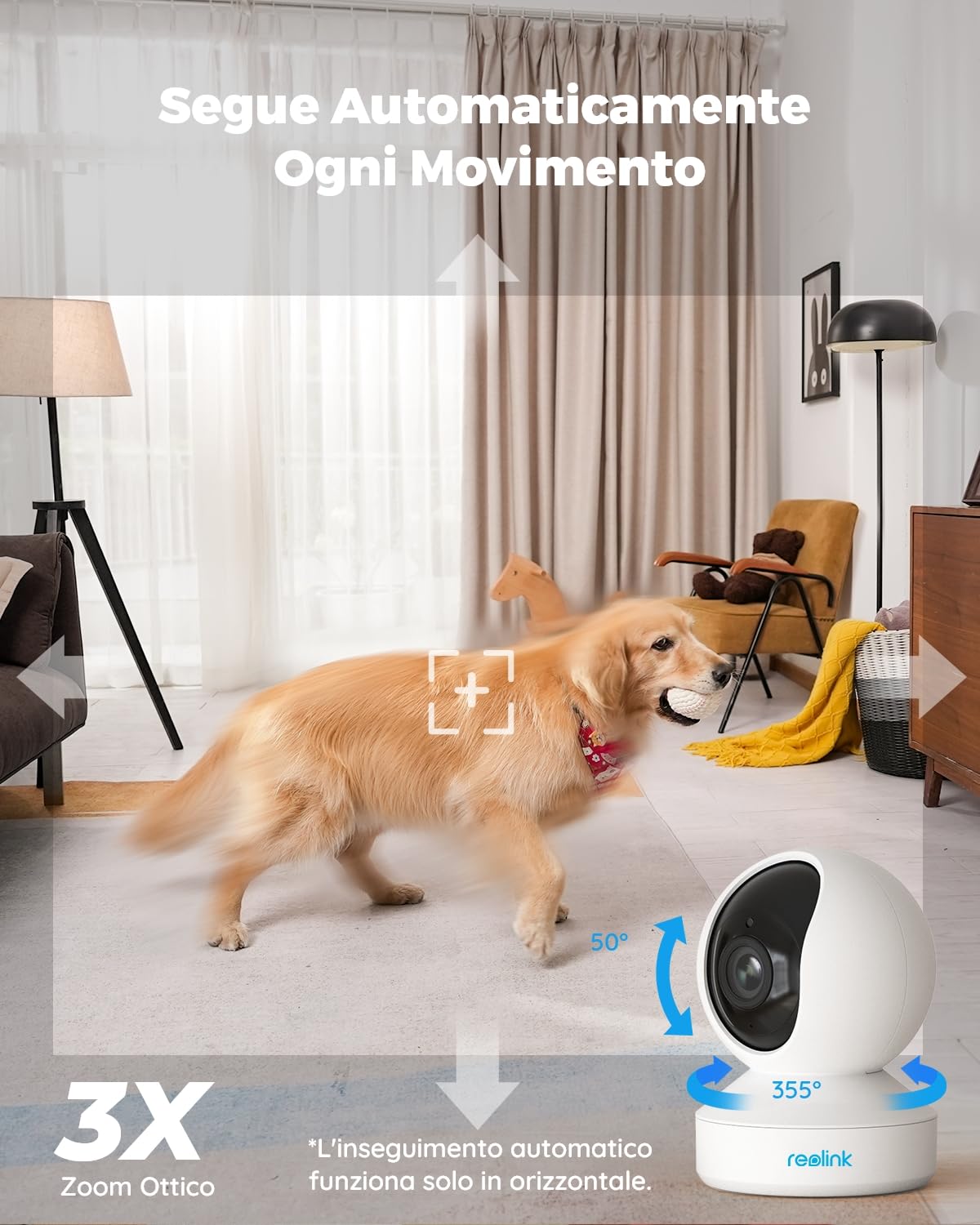Reolink 5MP PTZ Telecamera WiFi Interno con Zoom Ottico 3x, Auto-tracking | Baby Monitor, Rilevazione di Persone/Pet, Videocamera Sorveglianza WiFi 2,4/5GHz, Sirena, Audio Bidirezionale, Cloud, E1 Zoom