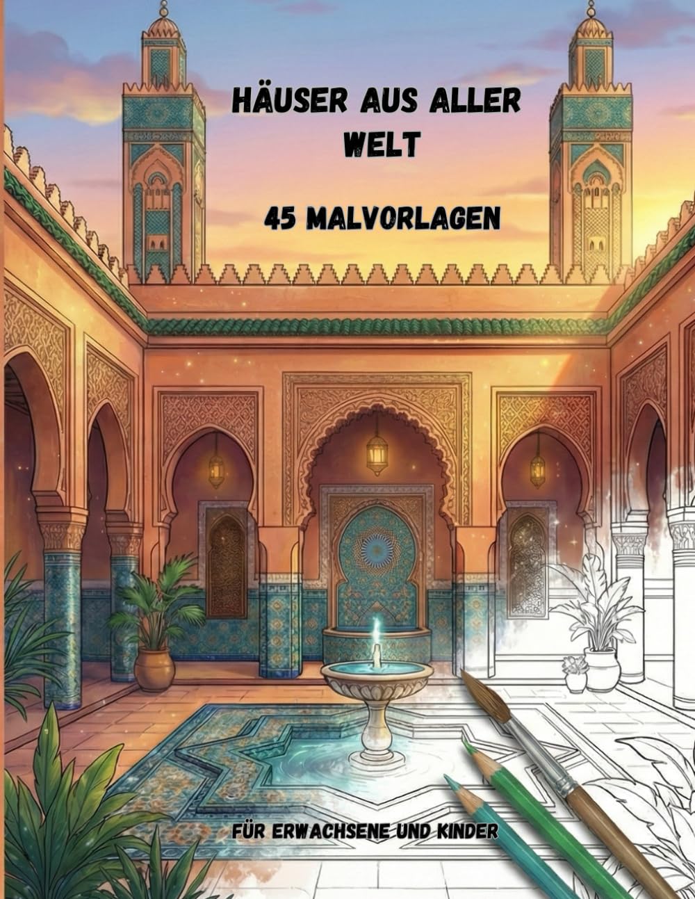Häuser aus aller Welt 45 Malvorlagen für Erwachsene und Kinder: Illustrationen zum Ausmalen Malbuch zur Entspannung und Stressbewältigung, Freizeitgestaltung