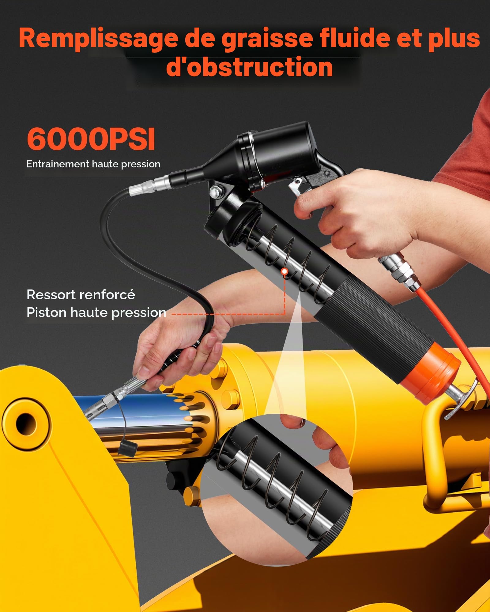VEVOR Pistolet à Graisse Pneumatique 413 bar Pistolet Graisseur à Une Main Capacité 0,4 L pour Machines Automobiles Agricoles Industrielles, Tuyau Flexible 45,7 cm Tube Extension Rigide 2 Buses Plates