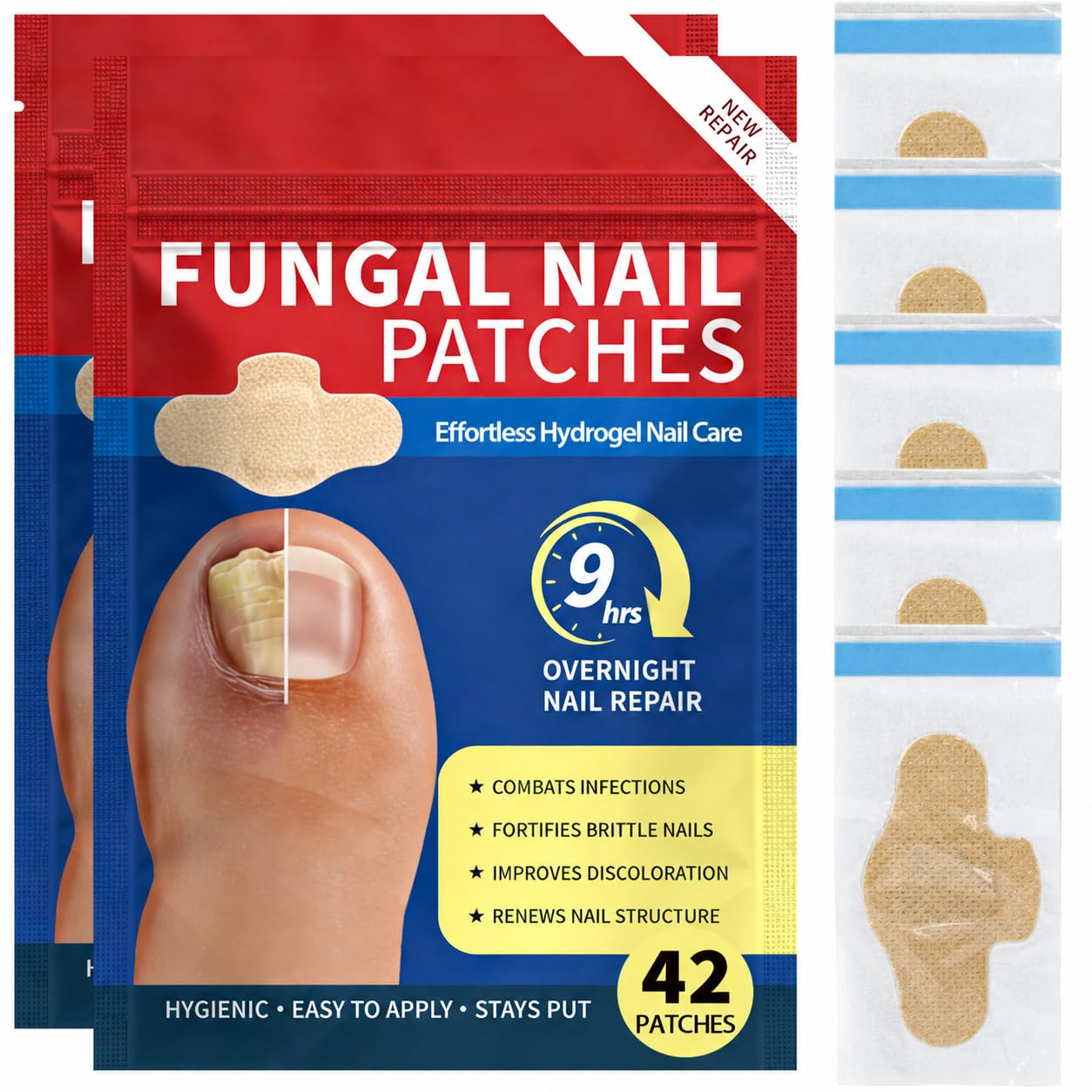 2 Pack Fungal Nail Patches 42 Pcs - Nail Repair Patches with 9-Hour Adhesion, for Discolored & Damaged Toenails Care, Overnight Renewal for Men & Women（2 packs with 21 patches each)