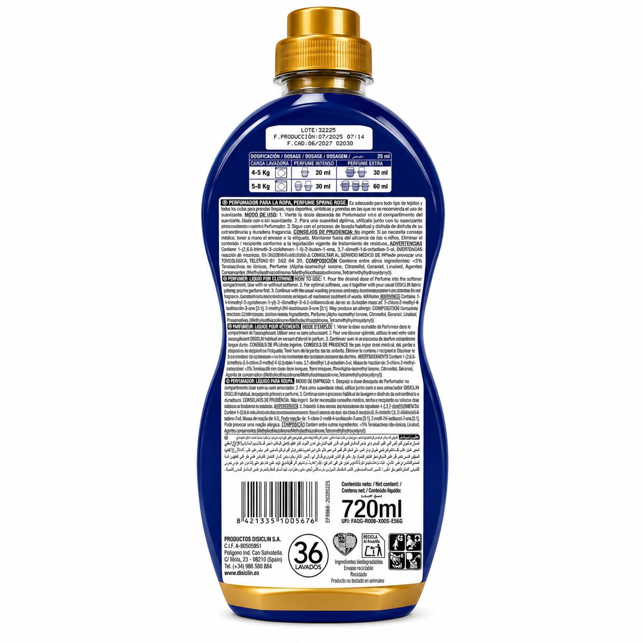 Disclin Perfumador para la Ropa Spring Rose 720 ml | Pack de 12 Unidades | Aditivo Líquido para Lavadora | Intensificador de Fragancia con Microperlas | Aroma Fresco y Duradero | RASMACOR