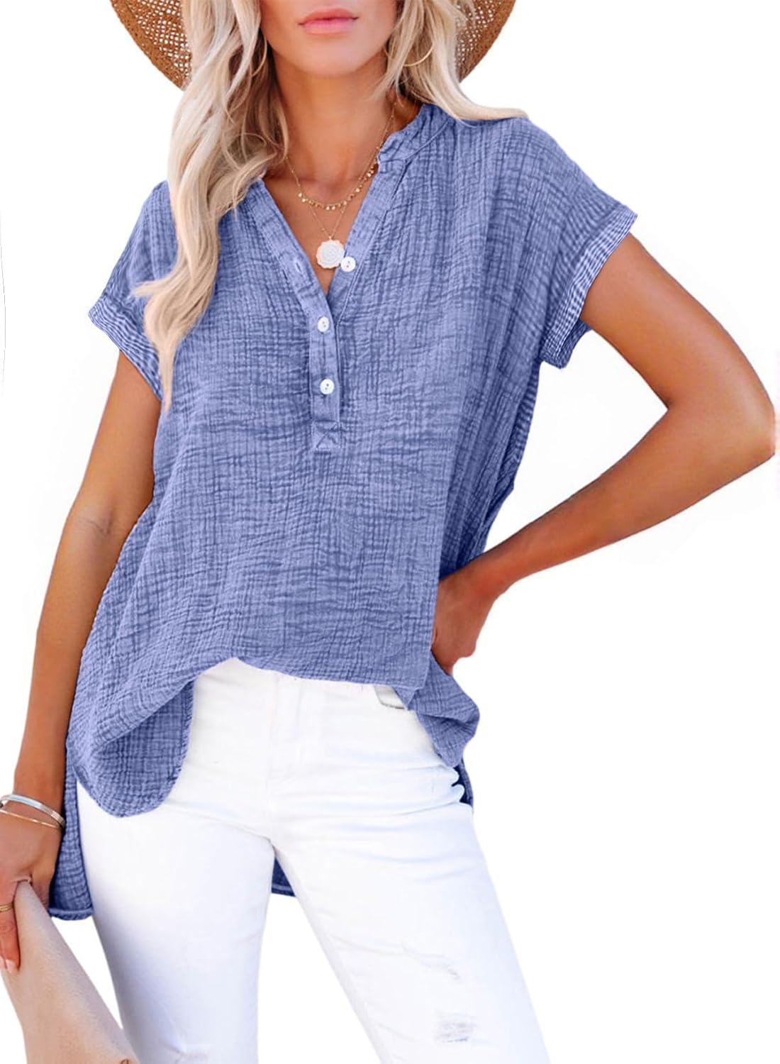 Dokotoo Women's Summer 2026 Boho Tops Casual Button Short Sleeve V Neck Shirts Solid Cotton Blouses