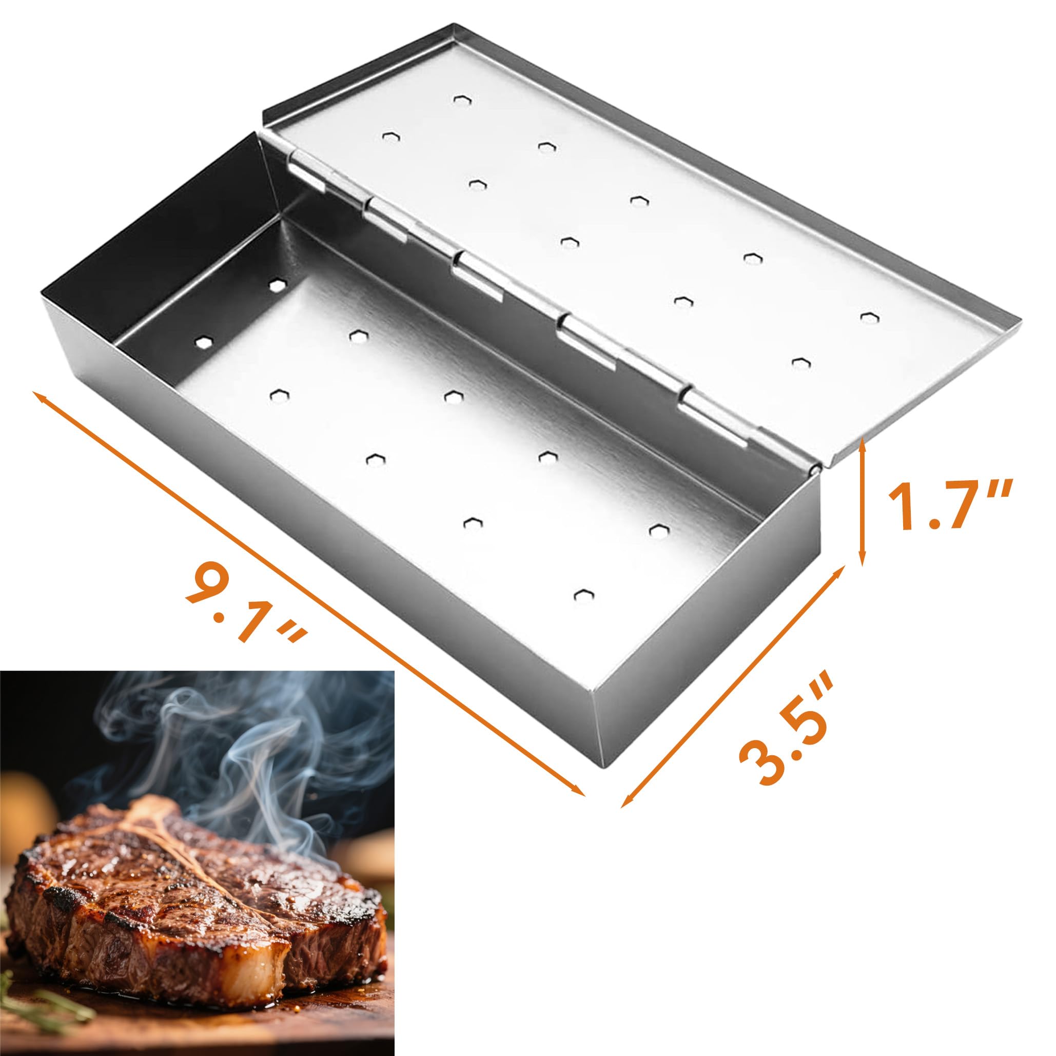Caja de ahumador de acero inoxidable para parrilla de gas, caja de humo de barbacoa resistente con tapa con bisagras, sabor ahumado mejorado para pollo, carne de res, cerdo 5
