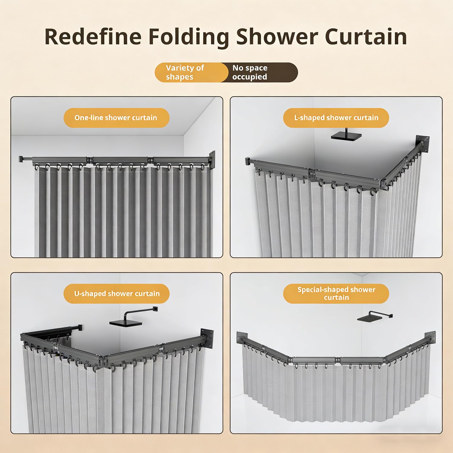 Cortina De Ducha Sin Taladrar Con Ventosa,Barra Cortina Ducha Con Ángulo Ajustable,Cortina Baño Fijación Con Ventosa,Impermeable Antimoho Para Esquinaesquina/Hotel/Baño(Gris,160cm,5 Pieghe)