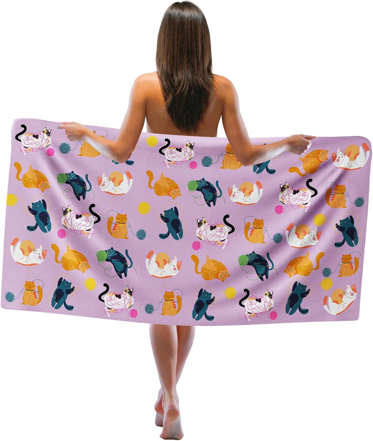 Cute Cat Beach Towel, Purple Cats Sand Beach Towels Gifts for Cat Lovers Kids Girls Women, Funny Cats Quick Dry Bath Pool Towels for Bathroom Swim Travel, Kids Bathroom Decor, 30x60 in