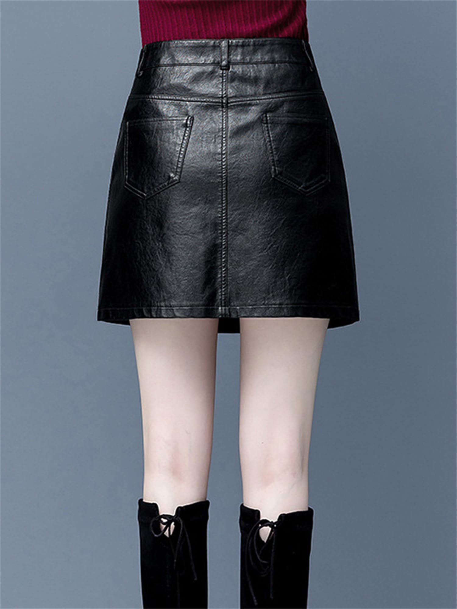 Jupe Simili Cuir Mini A-Line Jupe Cuir Fermeture Éclair Femmes Jupe évasée Plissée Solide Jupes Patineuses Courtes Grande Taille Short Décontracté pour Femme Rétro Bouton