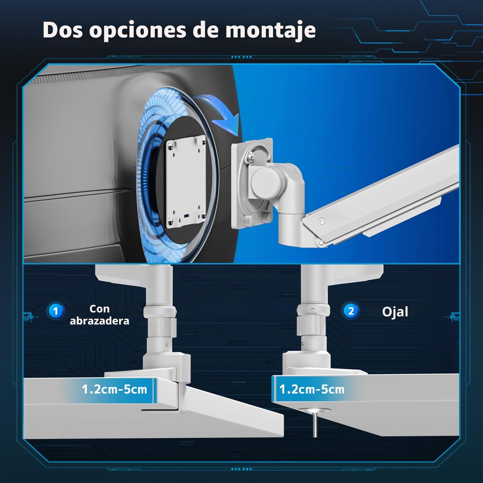 Soporte de Monitor para Pantalla Plana y Curvada de 17 – 57 Pulgadas, Muelle de Gas, Altura Ajustable, inclinable, Capacidad de Peso de 2 – 20 kg por,VESA 75/100 mm,Blanco