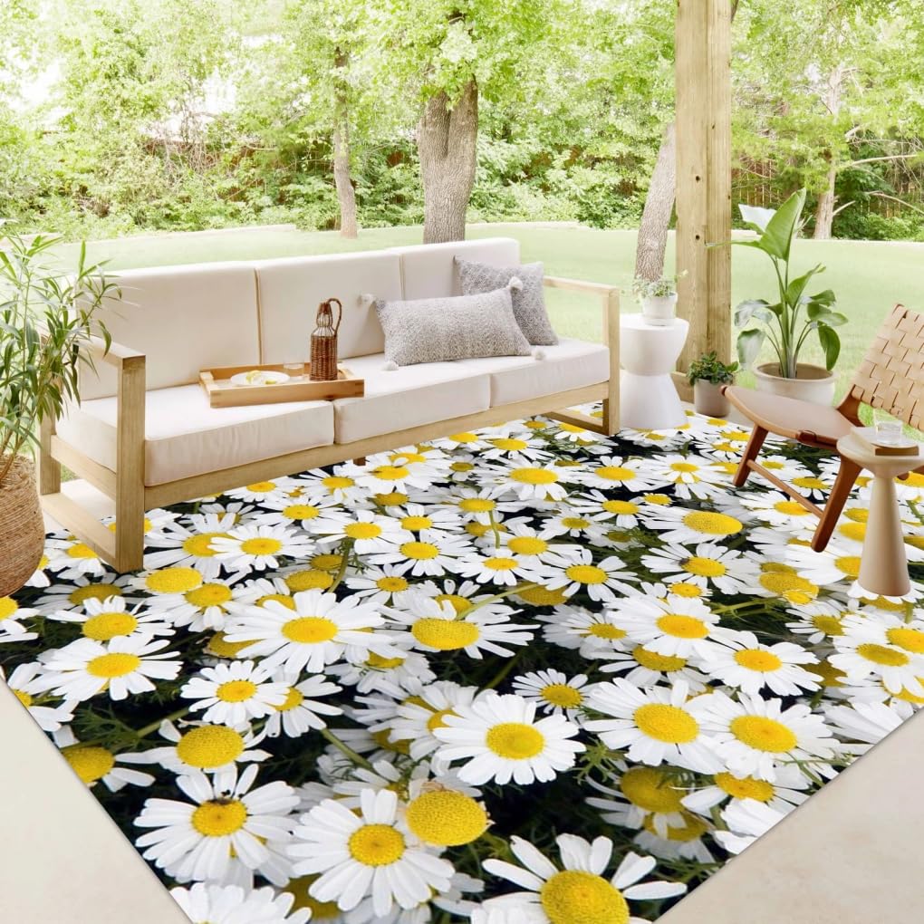 3D Daisy Floral Modern Cute Indoor Outdoor Rug for Patio Deck Backyard Balcony Yellow White Funky Waterproof Reversible Carpet Mat Camping Rv Picnic
