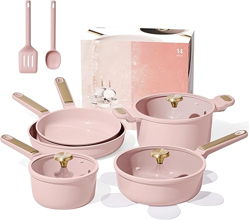 CAROTE Juego de utensilios de cocina de cerámica antiadherente, 14 ollas y sartenes antiadherentes, no tóxico y sin PFAS, apto para lavavajillas,