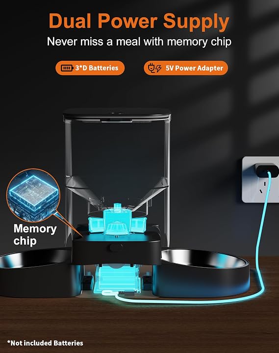 HoneyGuaridan Automatic Cat Feeder for 2 Cats, 2.4/5G WiFi Smart Feed Pet Feeder with Stainless Steel Bowl,APP Control Dispenser, Dual Power Supply,Desiccant Bag,10s Meal Call Black