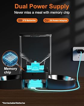HoneyGuaridan Automatic Cat Feeder for 2 Cats, 2.4/5G WiFi Smart Feed Pet Feeder with Stainless Steel Bowl,APP Control Dispenser, Dual Power Supply,Desiccant Bag,10s Meal Call Black