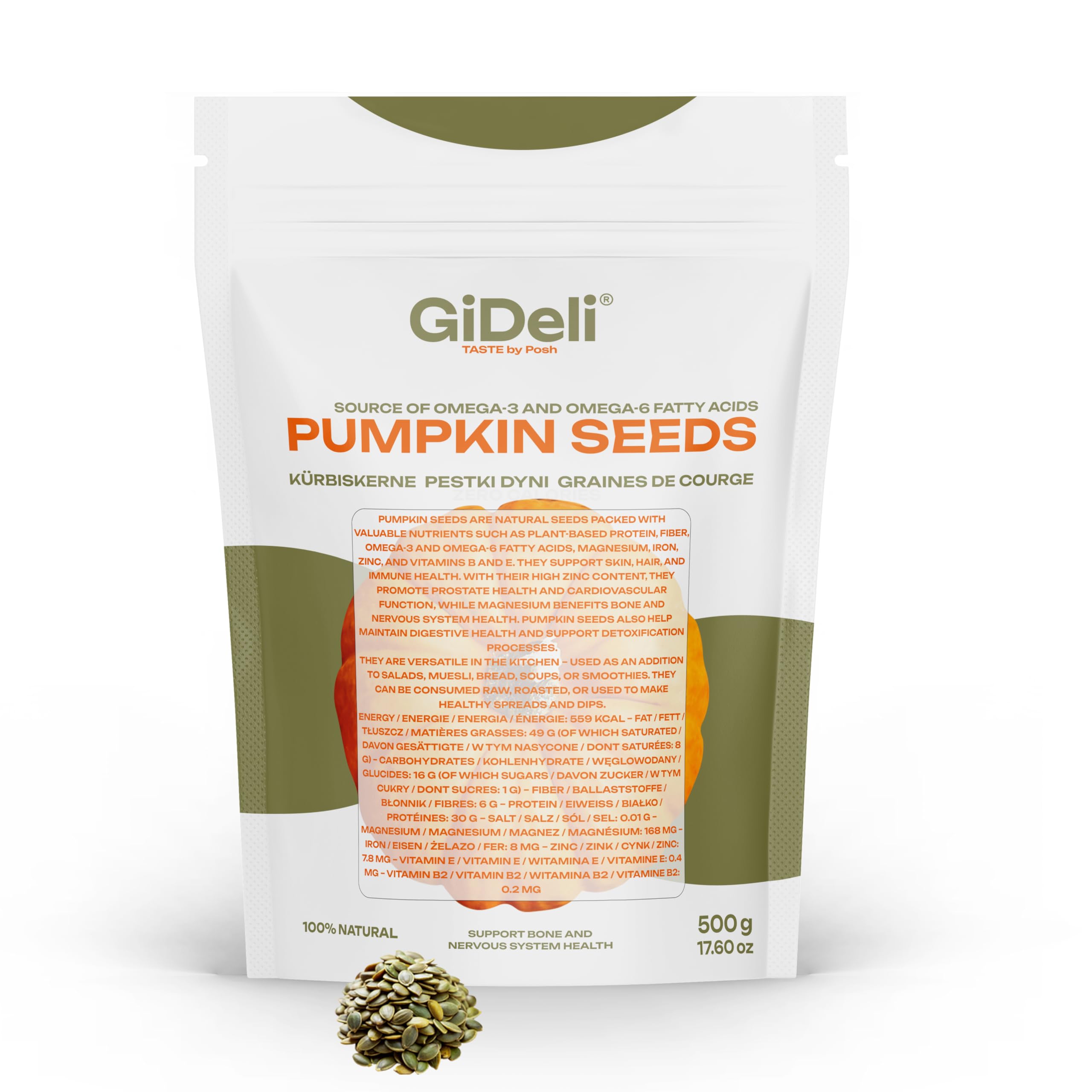 GiDeli Kürbiskerne Geröstet 500g – schalenlos, ungesalzen, vegan