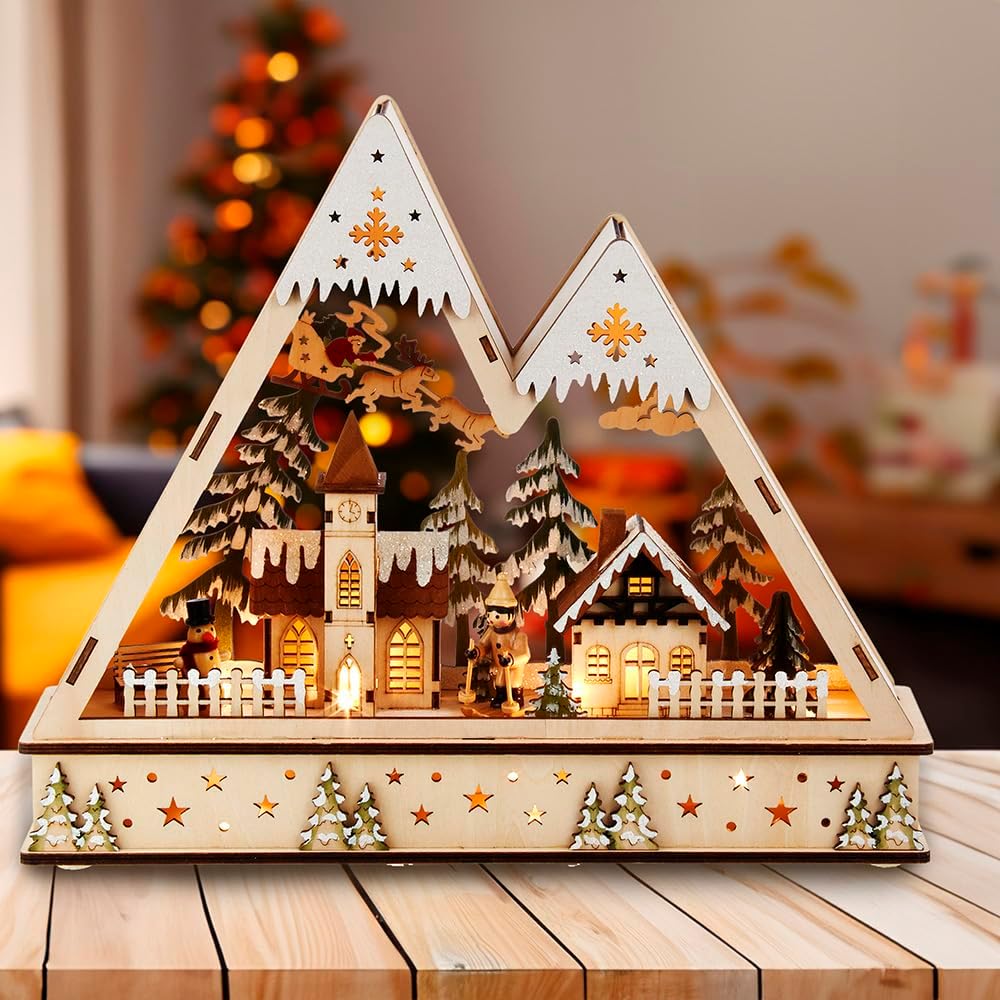 Kurt S. Adler 11.4-Inch Battery-Operated Wooden Light Up Mountain Village with Santa