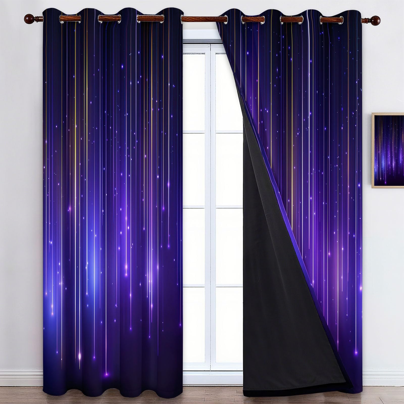 Blickdichter Thermovorhang, Kälte - Hitzeschutz Vorhänge, Verdunkelungsvorhang für Kinder Teenager, mit Muster Abstrakt Vertikal Licht Neon Tropfend, 215 x 110 cm H×B,Lila-Schwarz 2er Set