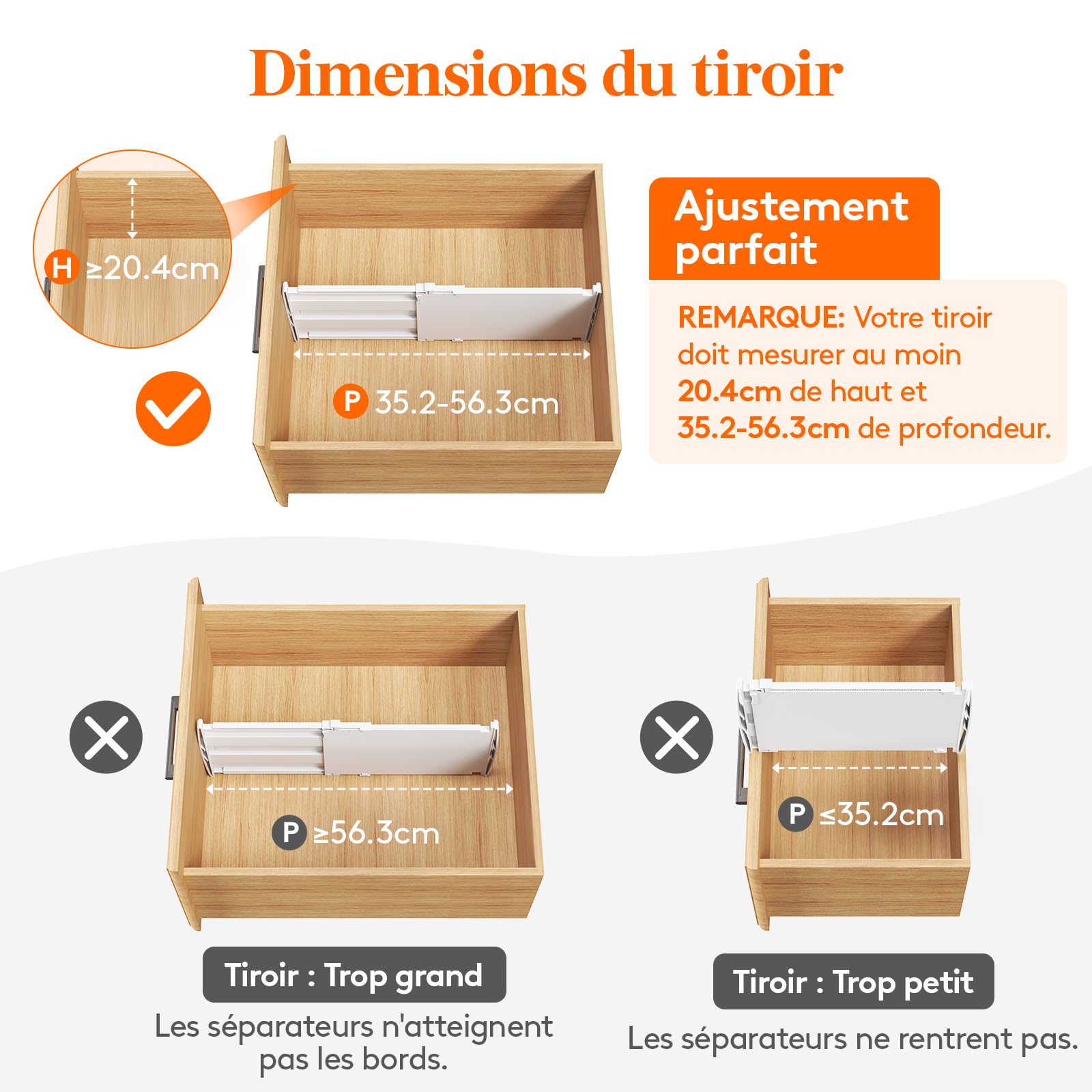 Lifewit Séparateur de Tiroirs Réglable Extensible, Organisateur de Tiroirs pour Vêtements, Diviseur de Rangement Blanc pour Armoire, Cuisine et Bureau, Longueur 35-55 cm, Hauteur 20.5 cm, Lot de 8