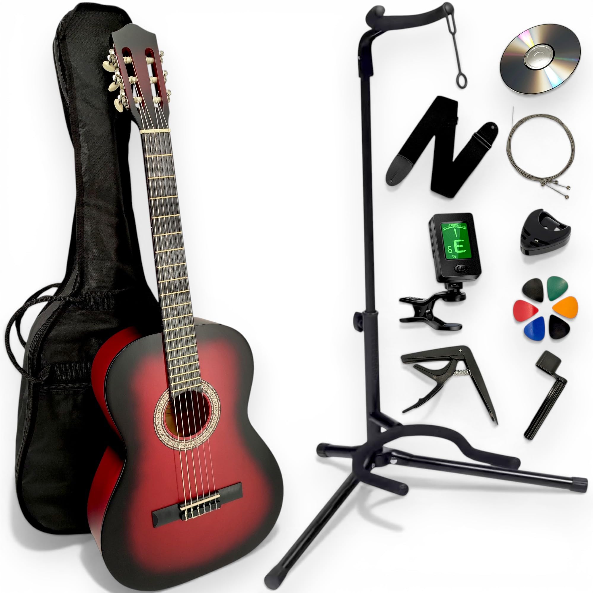 Zestaw do gitary klasycznej 4/4 (dla dorosłych) Stojak gitarowy + podstawa + 9 akcesoriów do wideo i płyt CD (czerwony, 3/4, lewy)