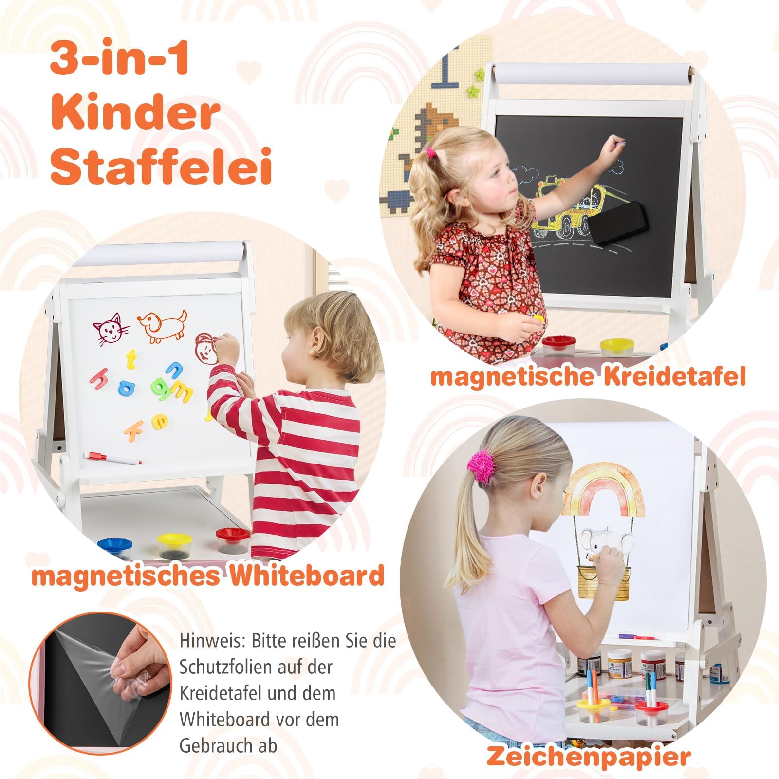 FANTASK Pizarra infantil 3 en 1 de doble cara con rollo de papel, pizarra magnética y pizarra blanca, incluye 3 vasos de pintura y 2 cajas, caballete para niños a partir de 3 años (color blanco)