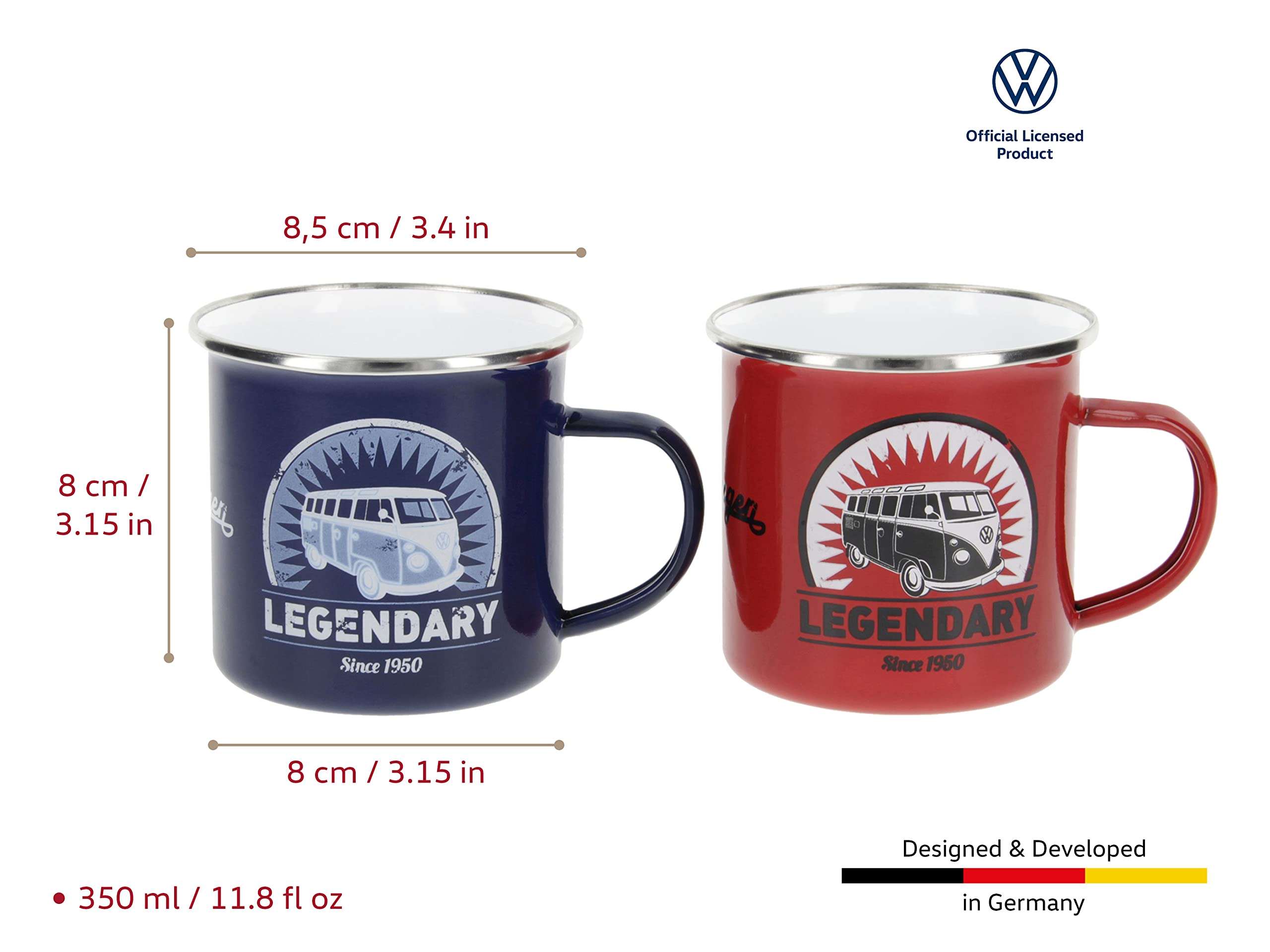 BRISA VW Collection – Volkswagen zestaw 2 emaliowanych filiżanek do kawy i cappuccino, kubek owsiany, na kemping i do aktywności na świeżym powietrzu T1 Bus (350 ml x 2/czerwony i niebieski)
