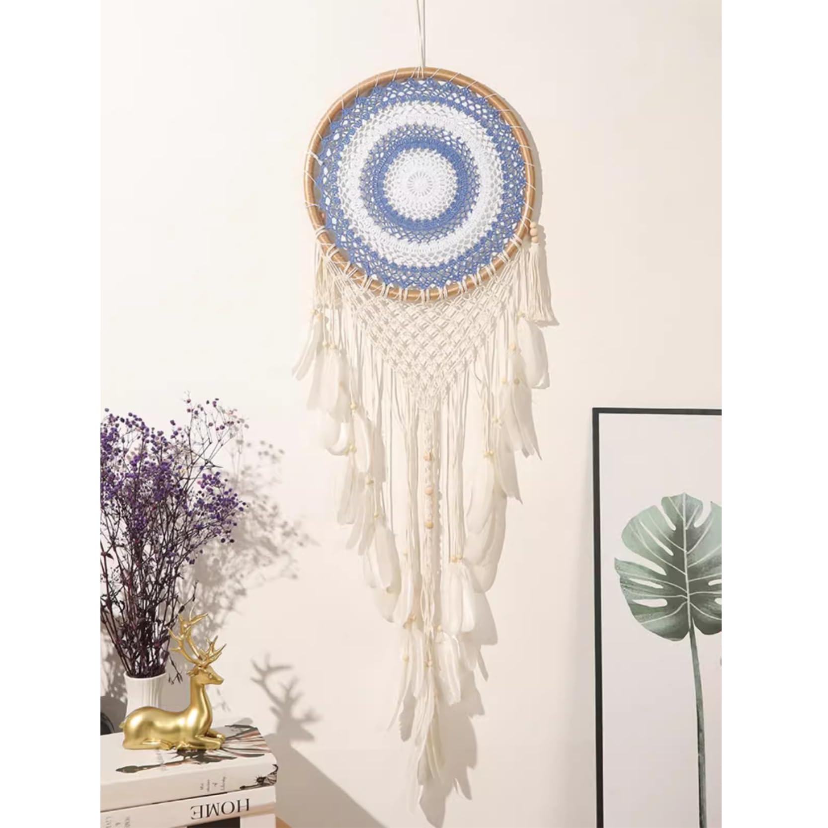 2 Stück große Traumfänger, 40 x 125 cm, handgefertigte runde Traumfänger mit Federn für Heimdekoration, Kinderzimmer, Wandbehang,A