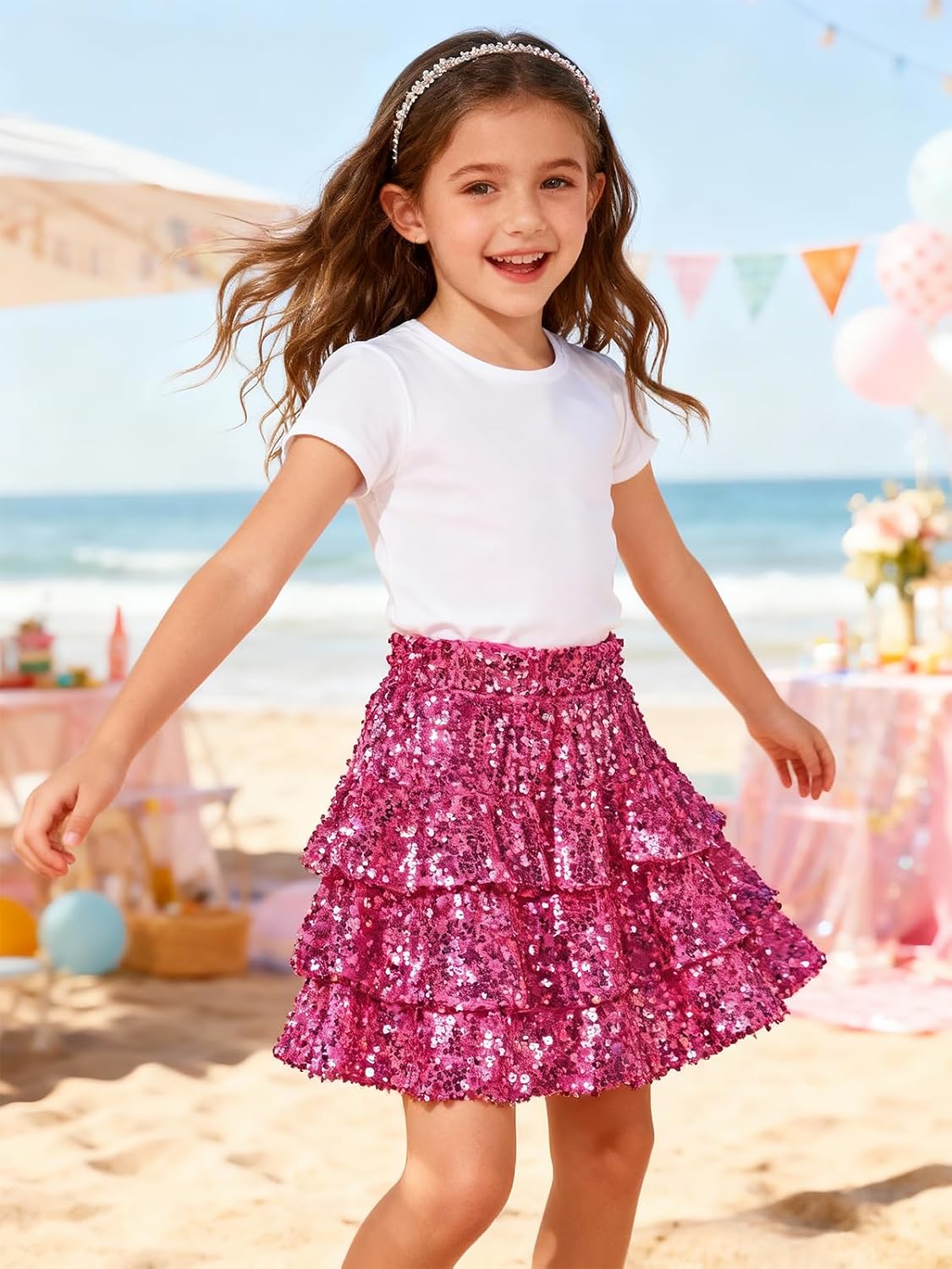 WELAKEN Sparkle Sequin Skirt for Girls Kids Elastic Waist Three Layer Ruffle Skirt - Image 4