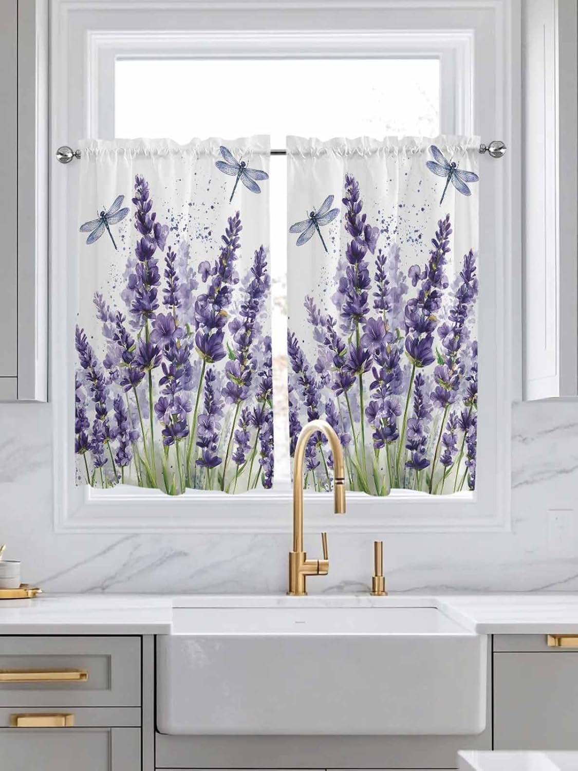 Kitchen Curtain 54 Inch Length, Purple Lavender and Flying Dragonfly Window Curtains and Drapes for Cafe/Living Room, 2 Panels Window Treatment Rod Pocket Drapery Curtains 104x54