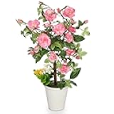 Hollyone Artificial Plants & Flowers in Vase Pink Camellia Roses Faux Flower Plant Arrangement with Pot Fake Rose Flowers Home Decor Office Bathroom Shelf Desk Table Decoration